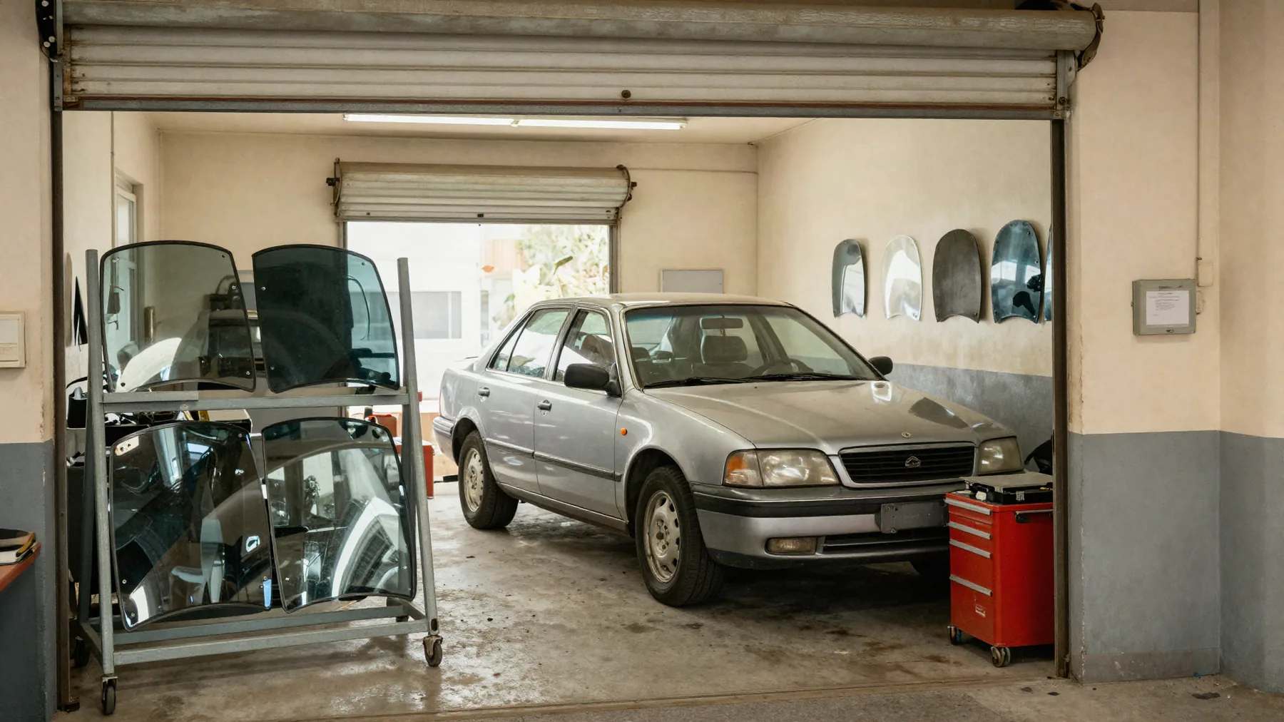 The open bay at Jimmy's Glass in Cliffside Park: a car waiting inside for glass work, with a rack of windshields standing beside it.