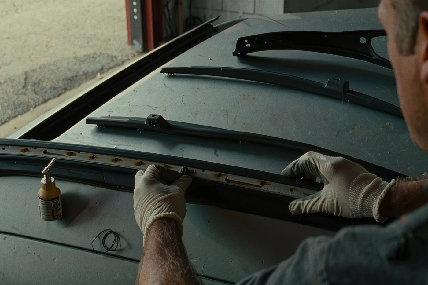 A technician in gloves fitting the molding along a windshield frame, wiper arms removed and resting on the hood.